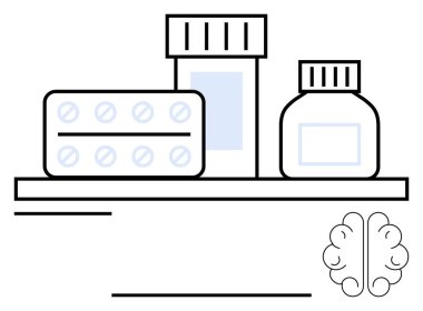 Rafta minimalist bir beyin ikonu olan ilaç şişeleri ve su toplayıcıları. Sağlık, sağlık, akıl sağlığı, ilaç, tedavi, tıbbi tavsiye ve soyut düz metafor için idealdir.