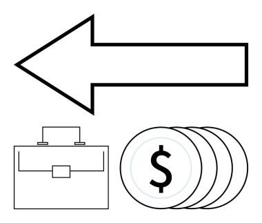 Çantanın yanında solu işaret eden ok ve yığınla bozuk para. Finans, iş stratejisi, para yönetimi, karar verme süreci, kariyer değişimi, ekonomi, soyut düz metafor için ideal