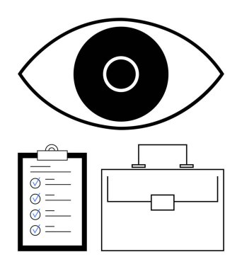 Görmeyi sembolize eden büyük bir göz ve işaretli görevleri ve yapılandırılmış evrak çantası olan bir kontrol listesinin üstündeki odaklanma. Üretkenlik, iş planlaması, hedefler, örgüt, öngörü, yönetim, iş akışı için ideal