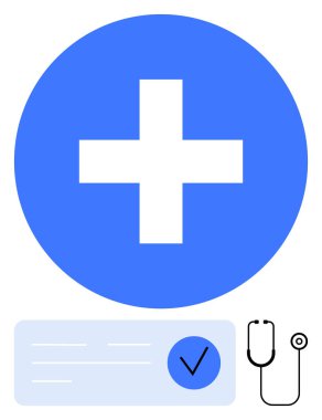 Mavi tıbbi haç, işaretli kimlik kartı ve steteskop. Sağlık hizmetleri, sağlık hizmetleri, doğrulama, kimlik tespiti, sağlık sigortası, sağlık programları için ideal