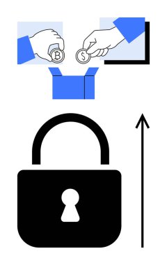 Bozuk paralar açık ellere, dijital cihaz kilidine ve yukarı doğru oklara düşüyor. Finans, güvenlik, teknoloji, tasarruf, işletme, yatırımlar, dijital ekonomi temaları için idealdir. Satır metaforu