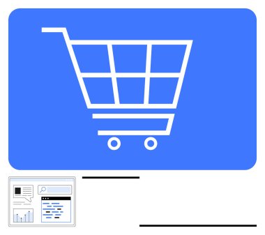 Mavi arkaplanda alışveriş arabası simgesi arama, analiz ve çizelge tasarım elemanları var. E-ticaret, çevrimiçi işletmeler, perakende, dijital araçlar, web sitesi tasarımı, pazarlama için ideal