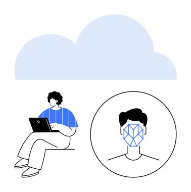 Bulut grafiğinin yanında bir laptop ve yüz tanıma ikonu kullanan biri. Yapay zeka, bulut hesaplama, siber güvenlik, yenilik, teknolojik gelişim, kimlik doğrulama, soyut düz çizgi