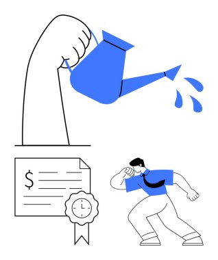 Mavi sulama tenekesini su damlalarını dökmek için kullanan dev el, mühürlü resmi sertifika, mavi giyen adam arıyor. Büyüme, başarı, keşif, rehberlik, eğitim, fırsat için ideal