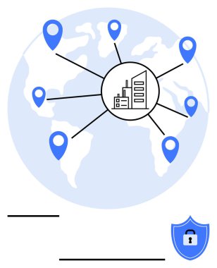 Fabrika simgesine bağlı dünya haritası, kilit sembollü kalkan. Lojistik, siber güvenlik, tedarik zinciri, küresel iş, endüstriyel büyüme, veri güvenliği, soyut çizgi için ideal
