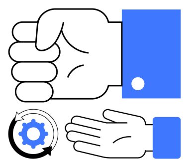 Yumruk, açık el, dairesel oklu vites sembolü. Dönüşüm, değişim, süreç, gelişme, iş akışı gelişimi için ideal evrim. Satır metaforu