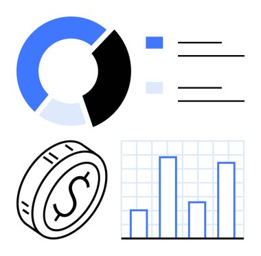 Mavi ve siyah pasta grafiği, ızgarada dikey bar grafiği ve dolar işaretli sikke simgesi. Finans, iş büyümesi, yatırım, bütçe, piyasa araştırması, sunum soyut çizgisi için ideal