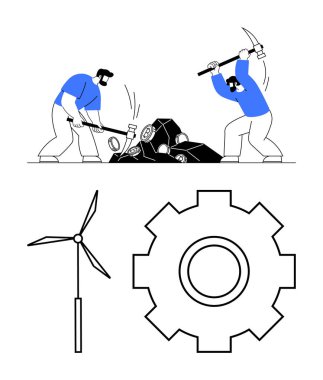 İki işçi çekiçle taş kırıyor, bir rüzgar türbini yenilenebilir enerjiyi simgeliyor ve bir dişli tekerleği de makine endüstrisini gösteriyor. Enerji, emek, madencilik, sürdürülebilirlik ve yenilik için ideal