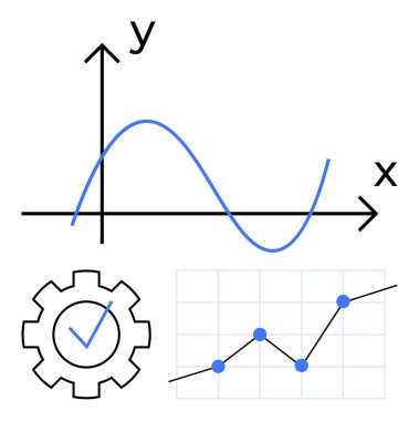 Line graph with data points, gear with checkmark, and mathematical curve on axes. Ideal for analytics, statistics, progress tracking, optimization, research, mathematics abstract line flat metaphor clipart