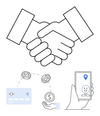 Anlaşmayı temsil eden el sıkışma, ödeme kartı, el sıkışma parası ve kimlik doğrulama simgesi olan akıllı telefon. Finans, iş, çevrimiçi güvenlik, ortaklıklar, işlemler için ideal dijital