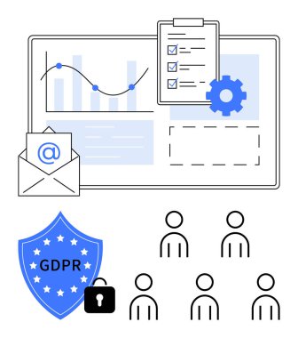 Dosya panosu e-postası ve kilitlenmiş GDPR kalkanı veri analizini ve mahremiyeti vurguluyor. İş için ideal, veri güvenliği, uyum, mahremiyet, yönetim, teknoloji, yönetim için. Satır metaforu