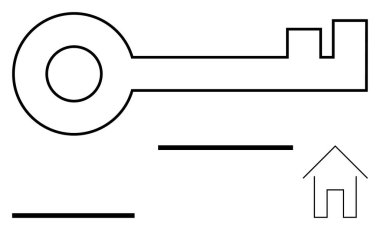 Geometrik çizgileri olan büyük bir anahtar ve ev çizgisi. Ev güvenliği, gayrimenkul, mülkiyet, erişim kontrolü, yatırım, minimalizm kavramları, soyut düz metafor için ideal