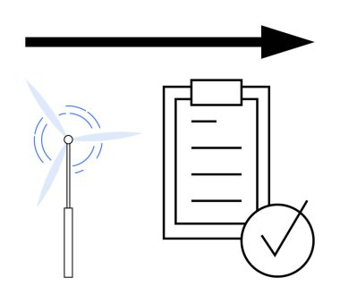 Rüzgar türbini güç üretiyor, takip görevleri için işaretli kontrol listesi, ilerlemeyi temsil eden kalın ok. Sürdürülebilirlik, enerji, hedefler, planlama, verimlilik ve yenilenebilir kaynaklar için ideal