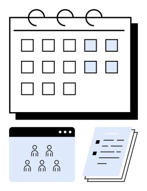 Takvim ızgarası, insan simgeleriyle görüntülü konferans penceresi ve planlama, takım çalışması ve organizasyonu temsil eden istiflenmiş belgeler. Üretkenlik, planlama, uzak çalışma, toplantılar için ideal