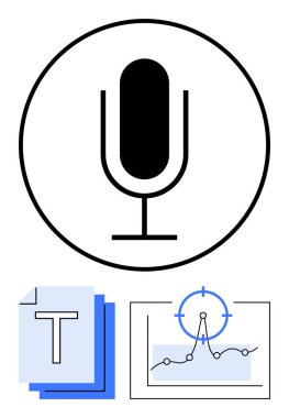 Mikrofon simgesi, sıkıştırılmış metin belgeleri ve hedefli veri tablosu. Ses transkripsiyonu, veri analizi, konuşma tanıma, medya, yapay zeka araçları, üretkenlik uygulamaları, soyut düz çizgi metaforu için ideal