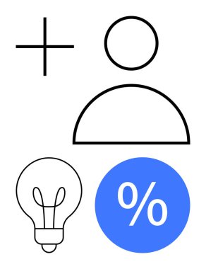 Kullanıcı profili simgesi, artı işareti, ampul ve yüzde simgesi işbirliği, yenilik ve verimlilik öneriyor. Kullanıcı toplama, yaratıcılık, beyin fırtınası büyüme verimliliği için ideal
