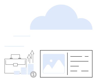 İş çantası, yukarı doğru oklu bar çizelgesi ve bulut altındaki dijital ekranın yanında para. İş geliştirme, finansal büyüme, bulut hesaplama, teknoloji entegrasyonu, veri