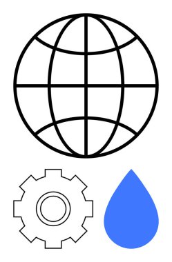 Küreselleşme, endüstri ve sürdürülebilirliği temsil eden küre şebekesi, vites, mavi su damlası. Çevre, teknoloji, iş, yenilik ekolojisi, yenilenebilir kaynaklar için idealdir.