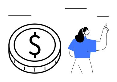 Yukarıya doğru hareket eden bir kadının yanında büyük bir para. Finans, iş stratejisi, yatırım, tasarruf, gelir üretimi, ekonomik planlama ve soyut çizgi olarak motivasyon kavramları için ideal