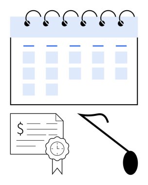Sarmal ciltli takvim, kurdeleli resmi sertifika ve büyüteç. Zaman yönetimi, planlama, sertifika, başarı, doğrulama odaklı araştırma için idealdir. Soyut çizgi