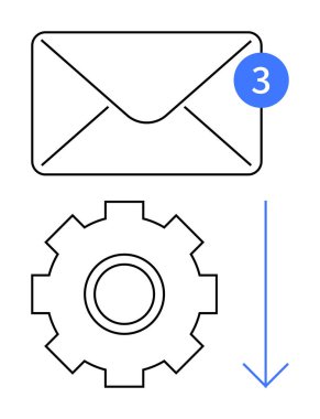Üzerinde okunmamış mesaj rozeti, vites sembolü ve işleme veya otomasyonu gösteren aşağı doğru ok olan zarf. İletişim, bildirimler, ayarlar, güncellemeler, iş akışları, soyut satır uyarıları için ideal