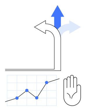 Yön gösteren oklar, veri gösteren çizgi grafiği ve el sembolünü durdur. Karar verme, strateji, büyüme, analiz, sınırlar, risk yönetimi soyut çizgisi düz metaforu için ideal