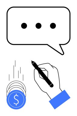 Elinizde bir kalem, elipsli bir konuşma balonu ve dolar işaretli bozuk paralar var. Pazarlama, iletişim, finans, üretkenlik, çevrimiçi sohbetler, yaratıcılık ve dijital için ideal