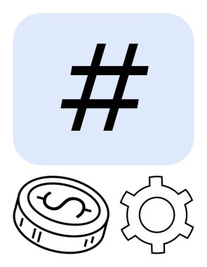Bir madeni para ve dişlinin üzerindeki meta veri etiketi sembolü, sosyal medya ve finansal kavramları vurguluyor. Pazarlama, sosyal medya, finans, teknoloji, analitik ve iş ekonomisi için ideal. Satır metaforu