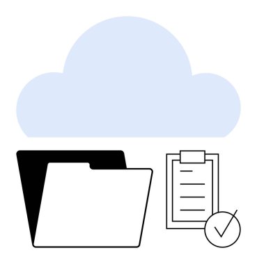 Dizini aç, işaretli kontrol listesi, ve güvenli depolama, organizasyon ve üretkenliği temsil eden bulut simgesi. Veri yönetimi, bulut teknolojisi, dosya paylaşımı, iş akışı planlaması için ideal