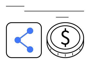 Bir dolar paranın yanında mavi paylaşım ağı simgesi, finansal bağlantıları, dijital paylaşımı ve ekonomik değişimi vurguluyor. Fintech, dijital ekonomi, çevrimiçi para, finans için ideal