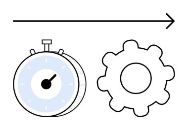 Kronometre ve teçhizat zaman verimliliğini, sürekli gelişmeyi, üretkenliği ve iş akışını sembolize eden bir okla bağlandı. Yönetim, zamanlama, takım çalışması, otomasyon, strateji ve hedefler için ideal