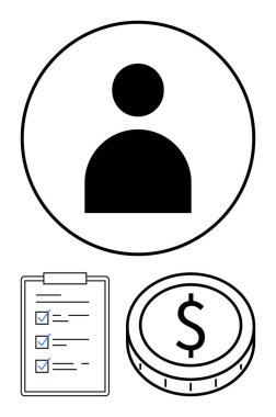 İşaretli görevler ve dolar işareti olan bir para ile işaretli listenin üstündeki bir çemberde kullanıcı simgesi. Finans izleme, görev yönetimi, hedef belirleme, organizasyon, üretkenlik, bütçe belirleme, soyut