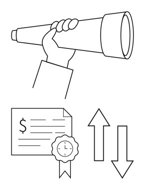 Elinde bir teleskop, parasal değeri ve saat mührü olan bir sertifika, yukarı ve aşağı oklar. Finansal büyüme, iş stratejisi, gelecekteki planlama, fırsatlar, pazar analizi için ideal