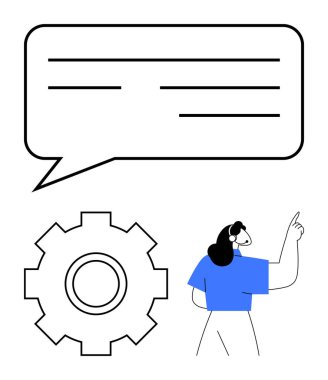 Dişli sembolü, kadın işaret ve geri bildirim, iletişim, takım çalışması, teknik destek, yenilik, liderlik, süreç yönetimi soyut metaforu