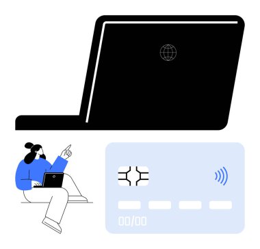 Dünya ikonlu dizüstü bilgisayar, çipli kredi kartı ve erişimi olmayan özellik, bilgisayar kullanırken işaret eden kişi. E-ticaret, fintech, temassız ödemeler, çevrimiçi güvenlik, dijital cüzdanlar için ideal