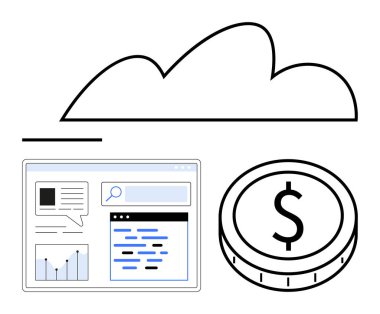 Veri grafikleri, arama girişi ve teknoloji, finans ve analizi sembolize eden dolar para içeren bir tarayıcının üzerinde bulut. Teknolojik yenilik, bulut ekonomisi, iş araçları, fintech büyük veriler için ideal