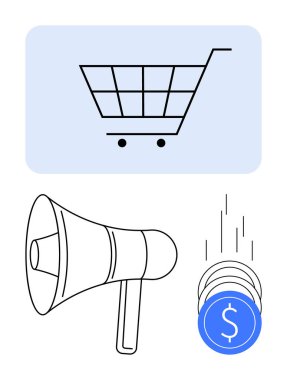 Alışveriş arabası ikonu, megafon sembolü ve dolar işaretiyle düşen bozuk paralar. E-ticaret, pazarlama, dijital satış, çevrimiçi ödeme, perakende stratejileri, müşteri edinme ve reklam için ideal