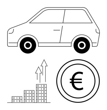 Araba taslağı, Euro madeni para ve yukarı doğru oklu bar çizelgesi. Otomotiv endüstrisi, finans, araba kredileri, yatırımlar, ekonomi, ulaşım ve soyut düz metafor için ideal