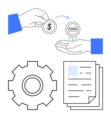 Jeton, doküman yığını ve vites sembolü karşılığında dolar değişimi. Fintech, engelleme zinciri, işlemler, dijital ekonomi, akıllı sözleşmeler iş akışı için idealdir. Soyut satır düzlüğü