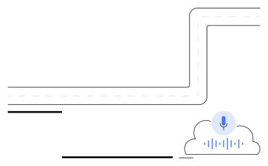 Microphone icon with sound waves inside a cloud connected by a road-thumbs up data line. Ideal for AI, voice command, cloud computing, automation, innovation, digital workflows, abstract line flat clipart