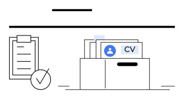 Kontrol listesi işaretlenmiş bir belge kutusunun içindeki CV 'ler tamamlandı. İşe alma, İK yönetimi, iş arama, işe alım, belge, aday değerlendirmesi, soyut satır düz metaforu için ideal