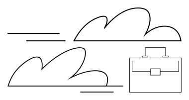 Bulutlar ve evrak çantası soyut çizgilerde hareket, kariyer büyümesi, hareketlilik ve iş hayatı dinamiklerini vurgular. İş için ideal, kariyer geçişleri, uzak çalışma, seyahat, ilerleme fırsatları