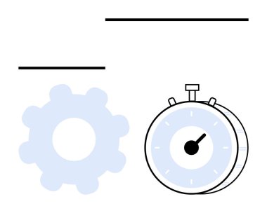 Açık mavi dişli ve kronometre verimliliği, iş akışını, verimliliği ve zaman takibini vurguluyor. İş stratejileri, görev planlaması, süreç optimizasyonu, süreler, hedef belirleme soyut