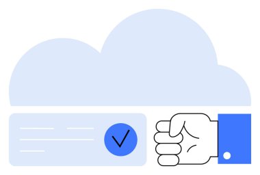 Büyük bulut grafiği, baş parmak işareti ve işaret rozeti var. Bulut teknolojisi, veri depolama, çevrimiçi güvenlik, teknoloji onayları, dijital çözümler, verimlilik, güvenilirlik için ideal