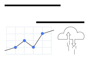 Yukarı doğru eğilimli çizgi grafiği, yukarı ve aşağı oklu mavi veri noktaları bulut simgesi. Analiz, büyüme, teknoloji, hava tahmini, bulut hesaplaması, soyut düz metafor için ideal