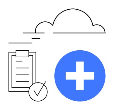 Mavi tıbbi haçlı bulut ve kontrol listesi, sağlık hizmetlerini, dijital kayıtları ve güvenliği simgeliyor. Sağlık uygulamaları, dijital sağlık hizmetleri, online kayıtlar, veri teknolojisi şablonları için ideal. Soyut