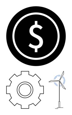Dairesel bir ikonda dolar işareti, endüstriyel dişli ve rüzgar türbininin birleşimi ekonomik büyüme, yenilenebilir enerji ve yeniliği simgeliyor. Finans, teknoloji, eko-bilinç, yeşil için ideal