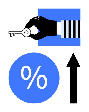 Elinde anahtar var, yüzde işareti olan mavi daire, yukarı doğru siyah ok. Finans, büyüme, yatırım, başarı, potansiyel gelir artırma stratejisi için ideal. Soyut çizgi