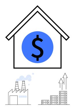 Ev, fabrikanın binaların üzerine duman ve yükselen oklar saçtığı dolar sembolü etrafında dönüyor. Ekonomi, yatırım, emlak, sürdürülebilirlik, büyüme eğilimleri, iş stratejileri için ideal