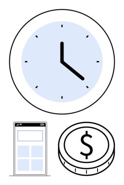 Duvar saati, dolar para ve akıllı telefon ekranı zaman yönetimini, finansal planlamayı ve dijital teknolojiyi simgeliyor. Üretkenlik, finans, zamanlama, uygulamalar için ideal dijital ekonomi modern